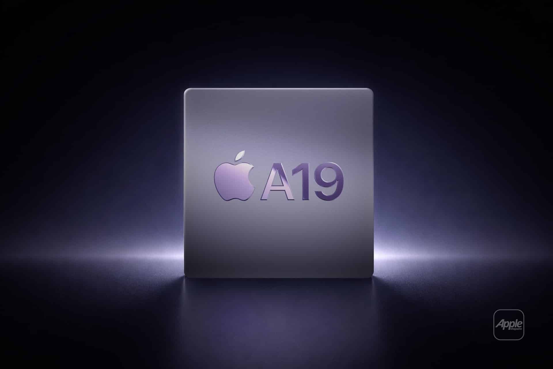 A glowing, metallic chip labeled "A19" with the Apple logo in purple, displayed on a dark, illuminated background, suggesting a next-generation Apple processor.