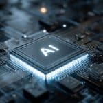 A close-up of a computer chip on a motherboard, with the letters "AI" glowing to symbolize Apple Core AI technology. The surrounding circuitry is illuminated with blue light, highlighting the power of artificial intelligence.