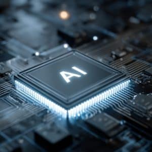A close-up of a computer chip on a motherboard, with the letters "AI" glowing to symbolize Apple Core AI technology. The surrounding circuitry is illuminated with blue light, highlighting the power of artificial intelligence.