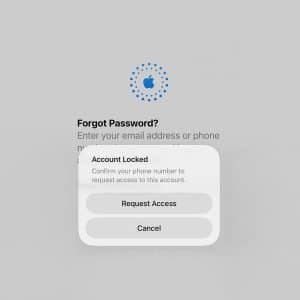 A screen displays an Apple ID recovery page with a message stating "Account Locked" and options to "Request Access" or "Cancel" after entering a forgotten password, prompting the user to enter their Recovery Key.