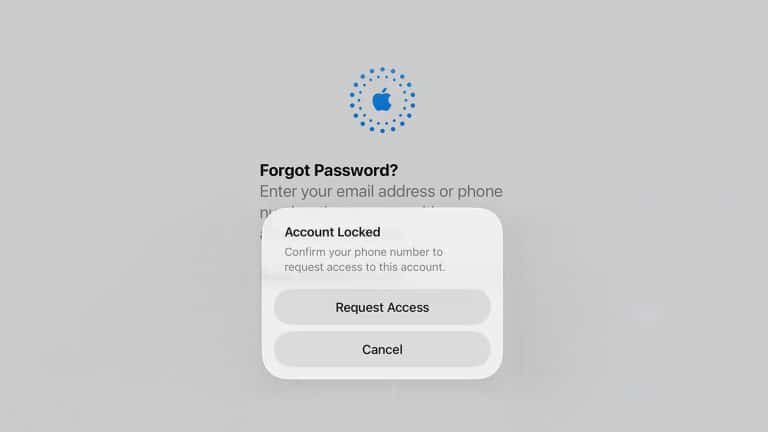 A screen displays an Apple ID recovery page with a message stating "Account Locked" and options to "Request Access" or "Cancel" after entering a forgotten password, prompting the user to enter their Recovery Key.