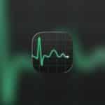 App icon with a green electrocardiogram line on a dark grid background, resembling Mac swap usage. The line spikes and dips like a heart rate monitor. The Apple logo appears in the lower-right corner.