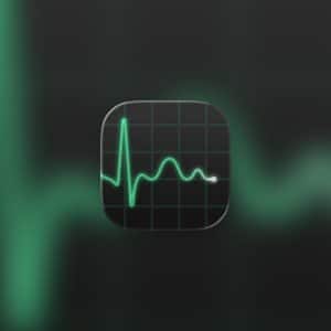 App icon with a green electrocardiogram line on a dark grid background, resembling Mac swap usage. The line spikes and dips like a heart rate monitor. The Apple logo appears in the lower-right corner.