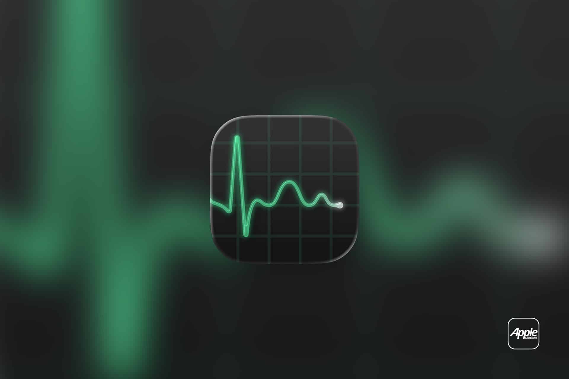 App icon with a green electrocardiogram line on a dark grid background, resembling Mac swap usage. The line spikes and dips like a heart rate monitor. The Apple logo appears in the lower-right corner.