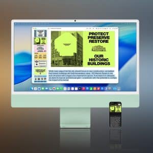 An Apple iMac and iPhone, with iMac AirPlay Receiver enabled, display a website themed in green and yellow to protect historic buildings. Bold text and images stand out on the devices, set against a blurred gradient background with an Apple logo.