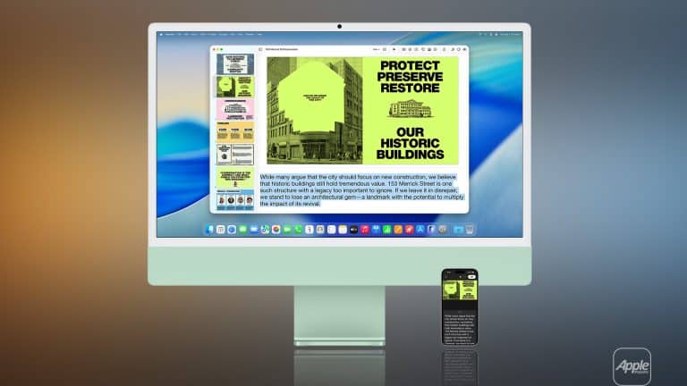 An Apple iMac and iPhone, with iMac AirPlay Receiver enabled, display a website themed in green and yellow to protect historic buildings. Bold text and images stand out on the devices, set against a blurred gradient background with an Apple logo.