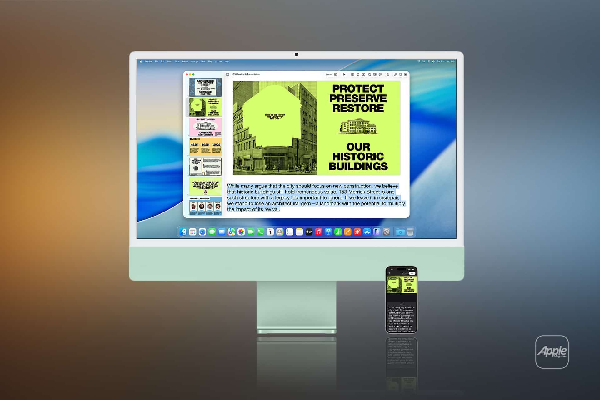 An Apple iMac and iPhone, with iMac AirPlay Receiver enabled, display a website themed in green and yellow to protect historic buildings. Bold text and images stand out on the devices, set against a blurred gradient background with an Apple logo.