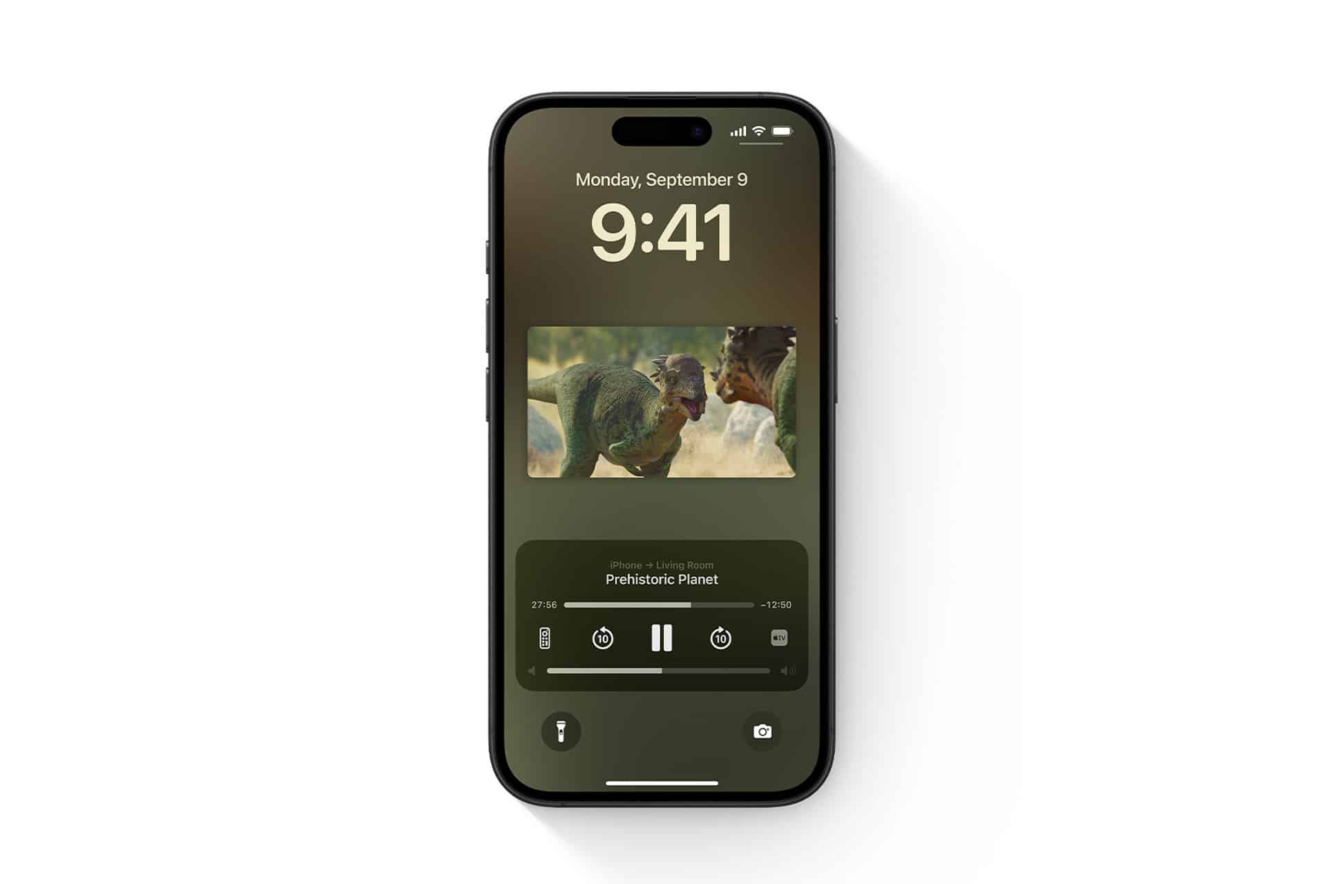 A smartphone displays a lock screen showing the date "Monday, September 9," time "9:41," two dinosaurs, and media controls for playing "Prehistoric Planet" via iMac AirPlay Receiver.