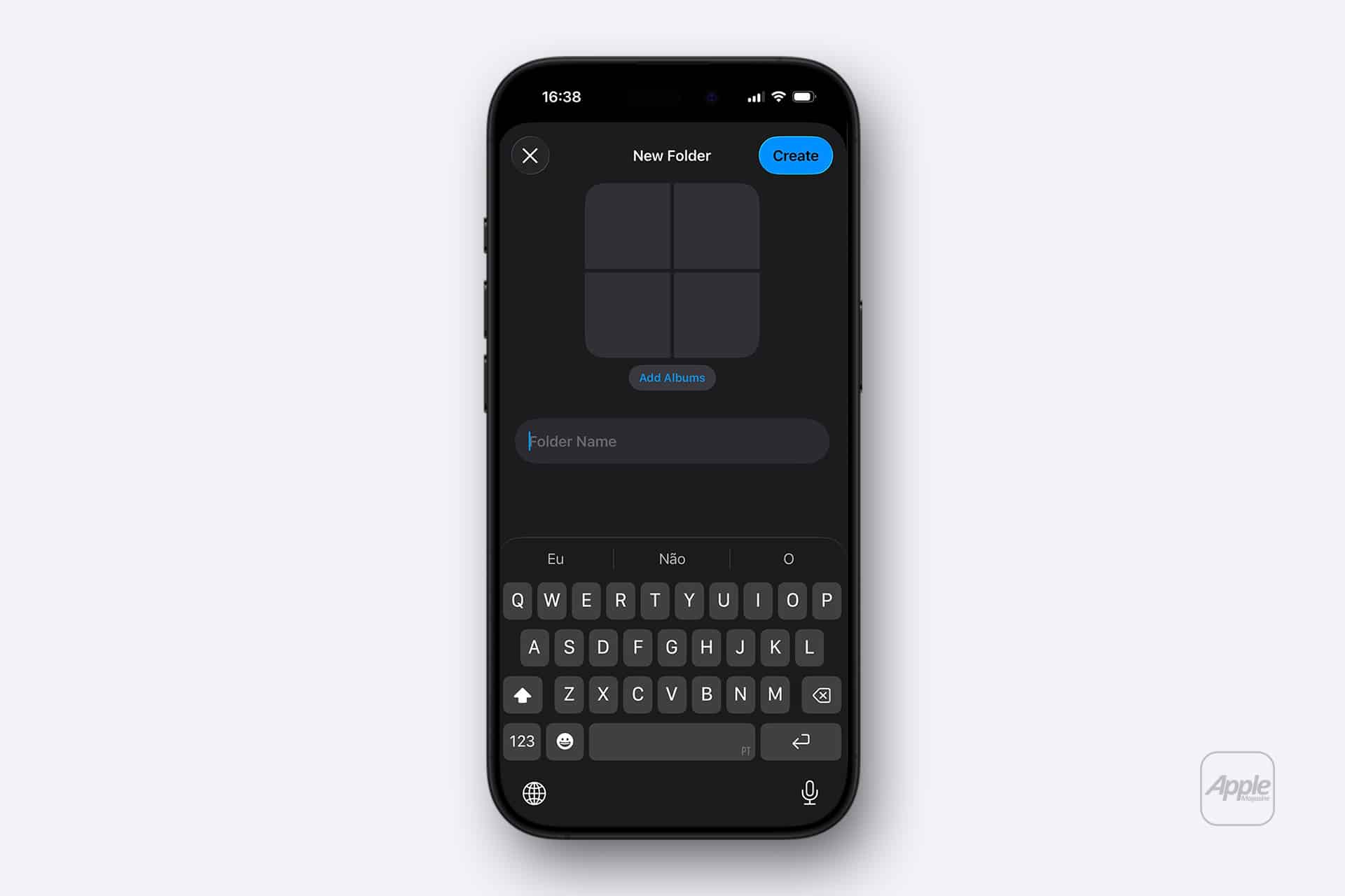 An iPhone screenshot displays the "New Folder" interface in an album app, featuring a keyboard, text field for "Folder Name," and options to add albums or create the folder.