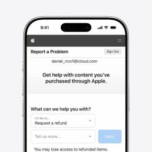 A smartphone screen displays an Apple "Report a Problem" page, where a user can request an App Store refund for purchased content. The interface features dropdown menus and a blue "Next" button.