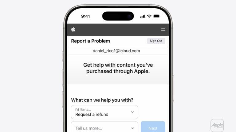 A smartphone screen displays an Apple "Report a Problem" page, where a user can request an App Store refund for purchased content. The interface features dropdown menus and a blue "Next" button.