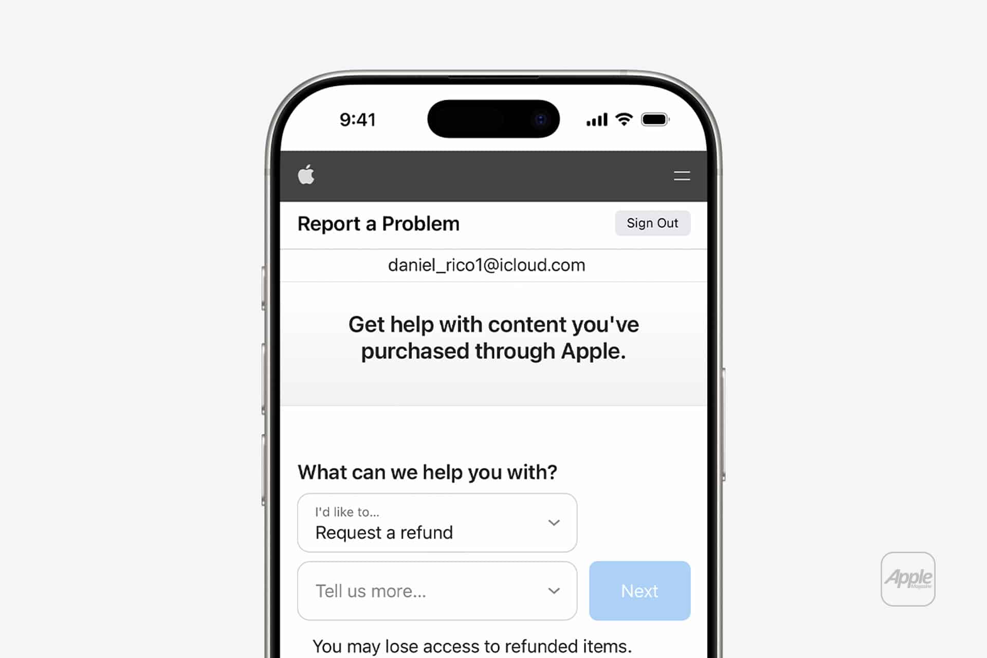 A smartphone screen displays an Apple "Report a Problem" page, where a user can request an App Store refund for purchased content. The interface features dropdown menus and a blue "Next" button.