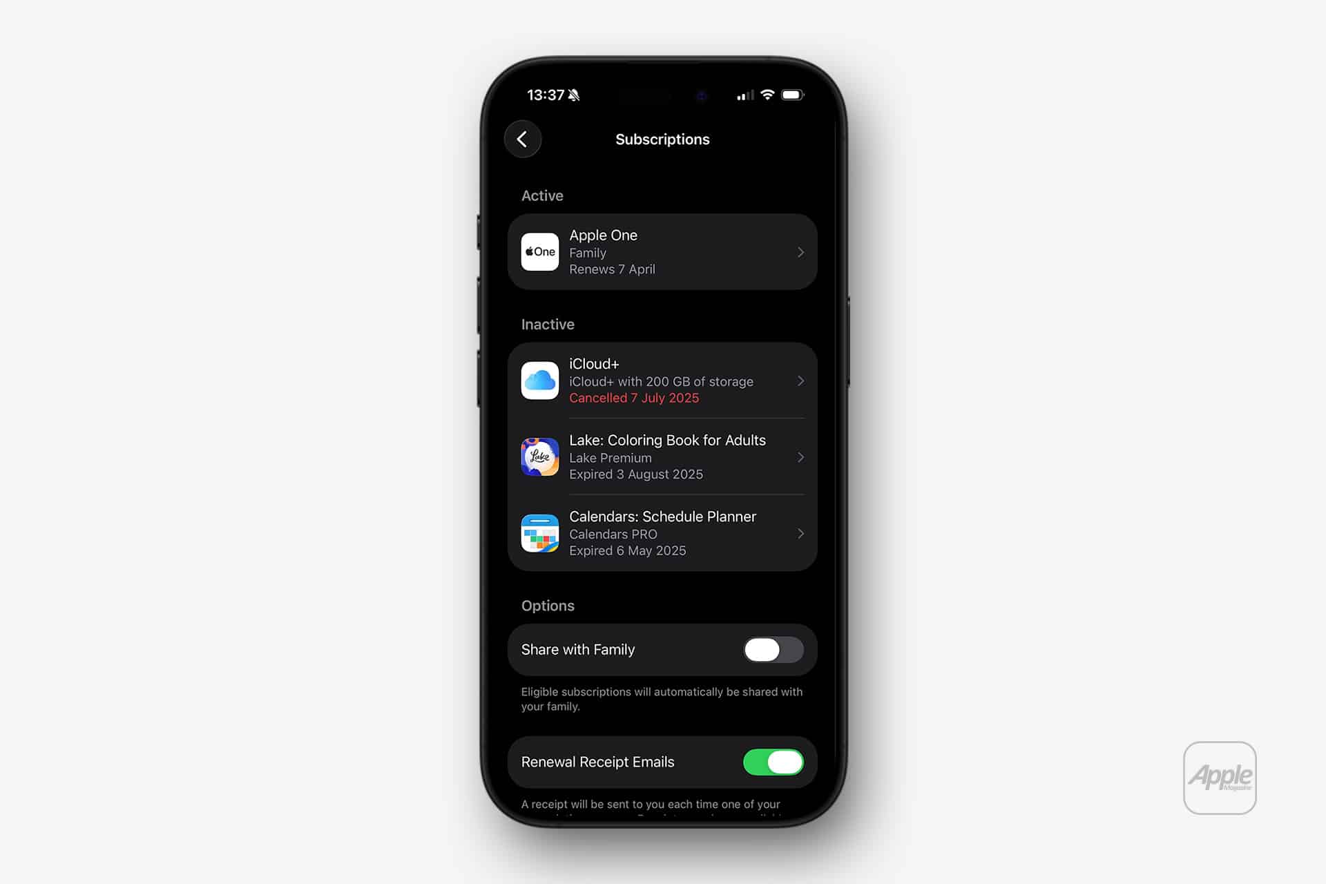 An iPhone screen shows the Subscriptions menu with Apple One active, and iCloud, Lake Coloring Book, and Calendars subscriptions listed as inactive or expired. Options for sharing, receipt emails, and App Store refund details are visible.