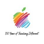 A stylized, hand-drawn rainbow apple logo appears above the text “Apple 50 Years of Thinking Different.” The background is plain white.