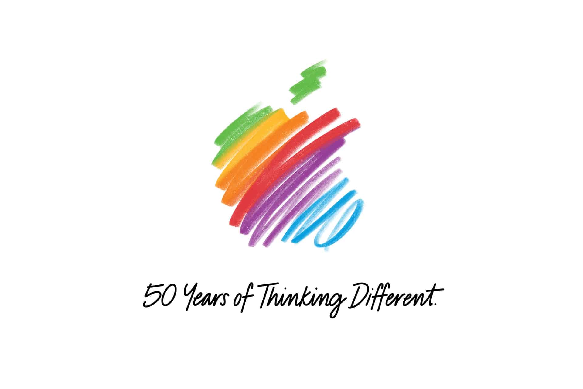 A stylized, hand-drawn rainbow apple logo appears above the text “Apple 50 Years of Thinking Different.” The background is plain white.