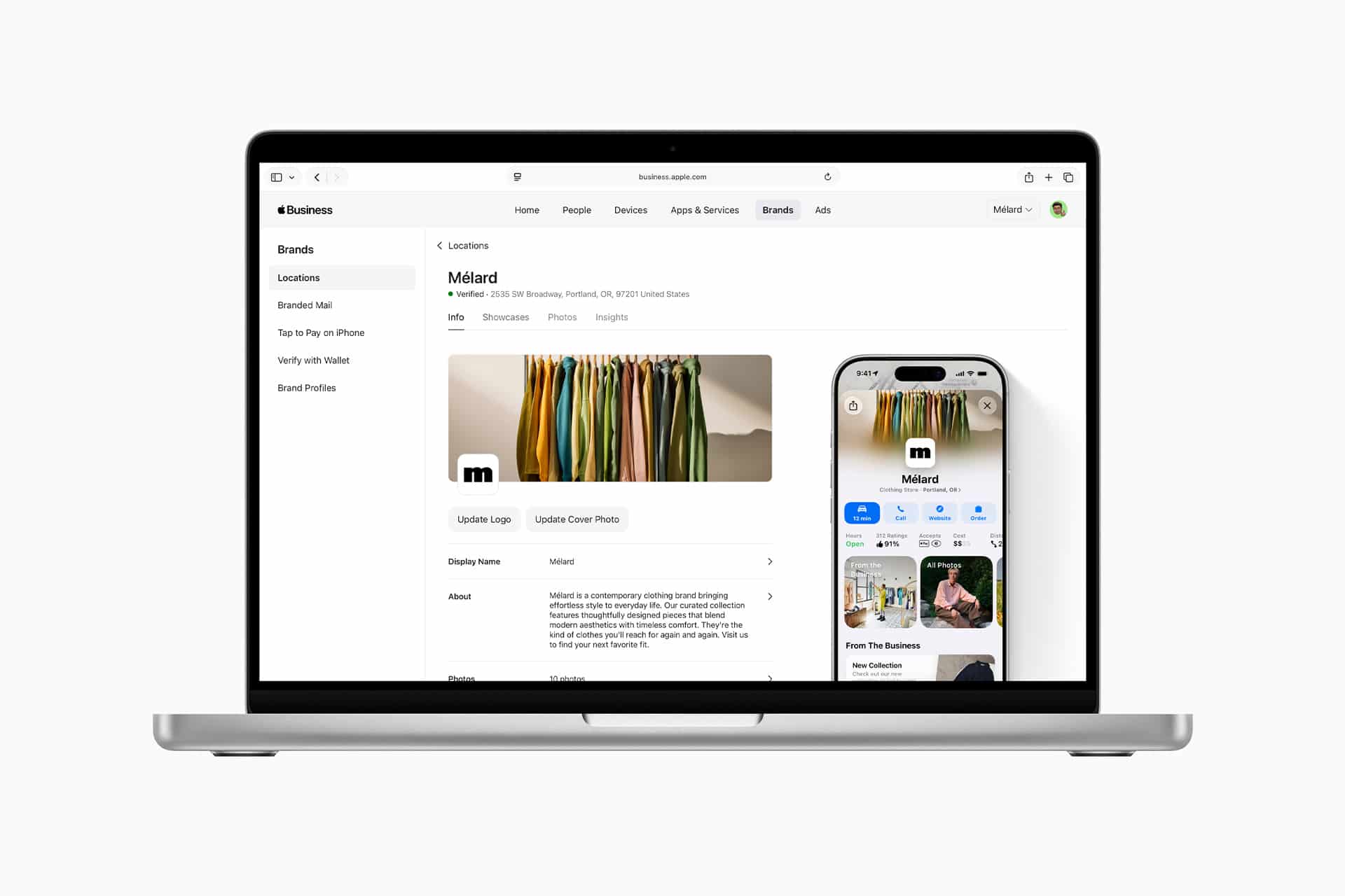 A laptop displays an Apple Business profile for "Malard," featuring business info, a cover photo of hanging clothes, and a smartphone preview of the location listing.