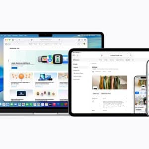 A laptop, tablet, and smartphone display different Apple Business Essentials interfaces, highlighting Apple Business management tools and business apps on their screens.