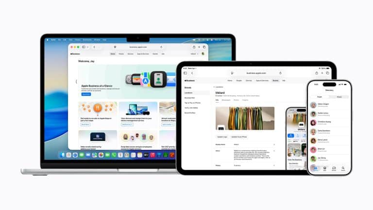 A laptop, tablet, and smartphone display different Apple Business Essentials interfaces, highlighting Apple Business management tools and business apps on their screens.