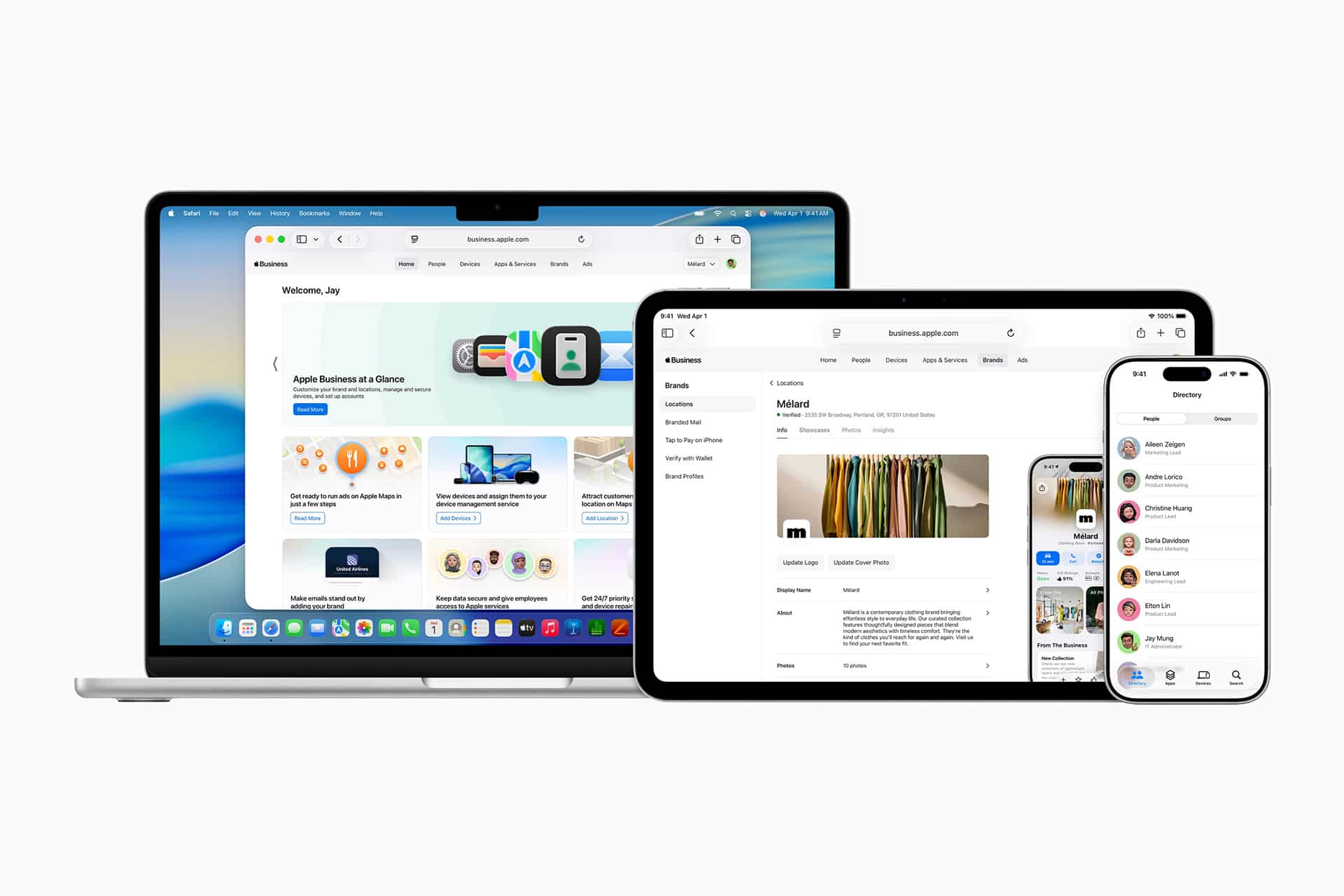 A laptop, tablet, and smartphone display different Apple Business Essentials interfaces, highlighting Apple Business management tools and business apps on their screens.