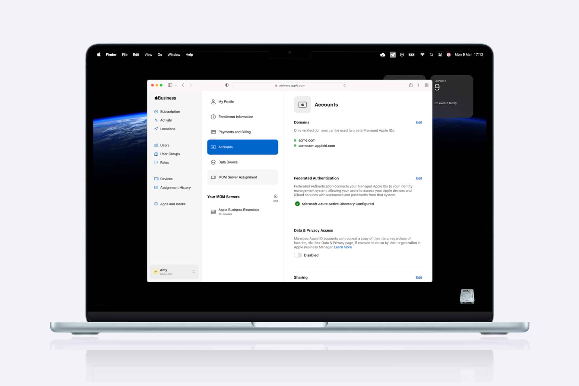 A laptop screen displays a settings page for managing accounts in Apple Business Manager, showing options like Enrollment Information, Payments, Devices, and Data Stores on the left, with account details and authentication settings on the right.