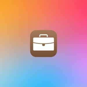 A white briefcase icon centered on a brown rounded square, set against a gradient of orange, pink, purple, and blue hues. At the bottom right, the Apple logo in white outline hints at Apple Business integration and Apple Device Provisioning.