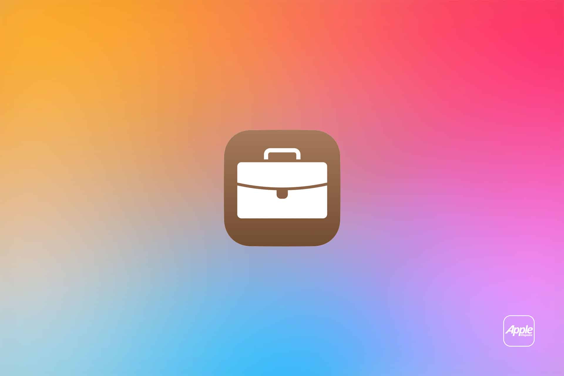A white briefcase icon centered on a brown rounded square, set against a gradient of orange, pink, purple, and blue hues. At the bottom right, the Apple logo in white outline hints at Apple Business integration and Apple Device Provisioning.