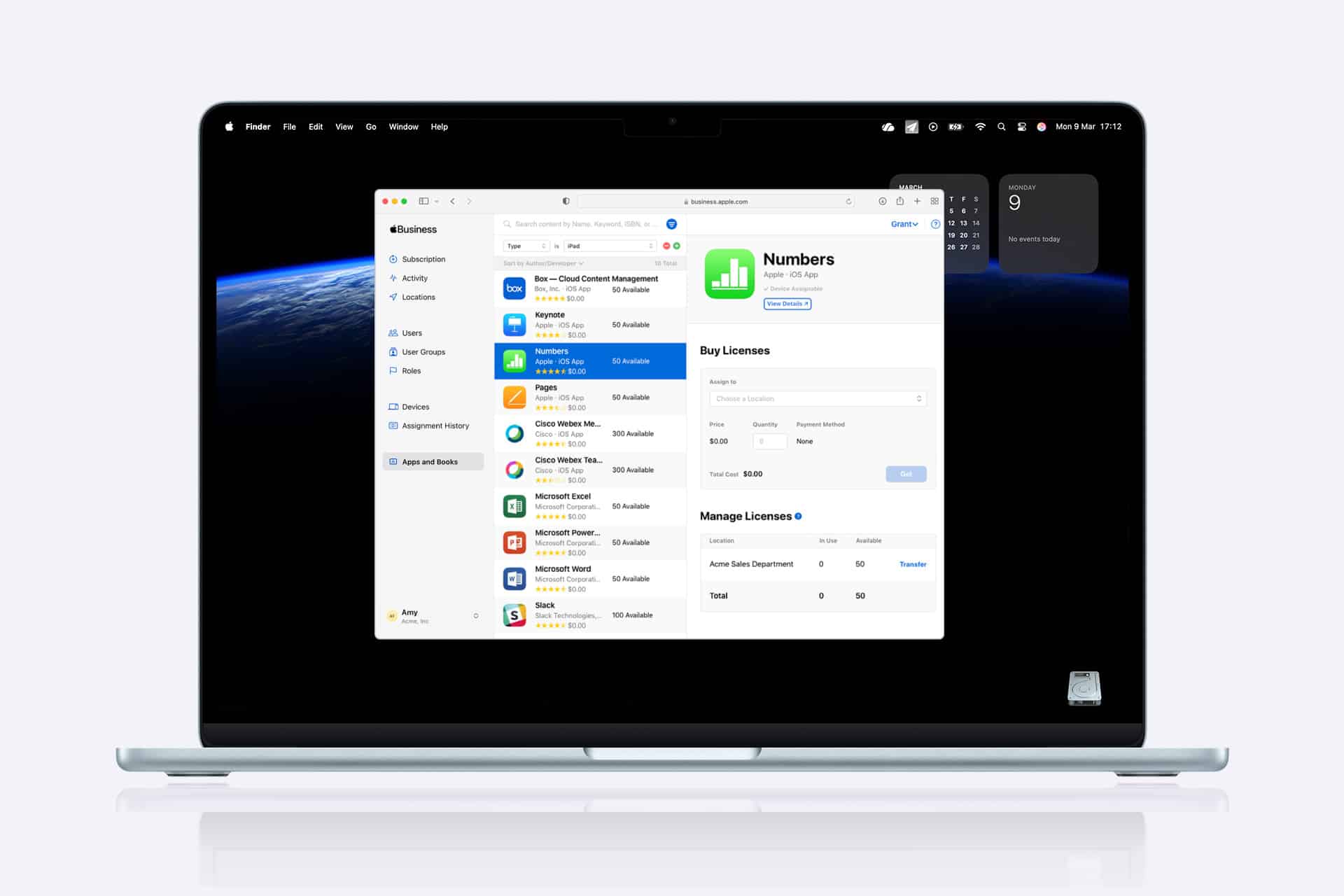 A laptop screen displays a software management app window with options to buy and manage licenses for various applications, including Apple's Numbers, via Apple Business Manager. The desktop background shows part of Earth from space.
