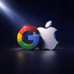 The Google logo and Apple logo are shown side by side on a dark background, illuminated by a dramatic beam of light—symbolizing the Apple-Google AI connection. A smaller Apple logo appears in the lower right corner.