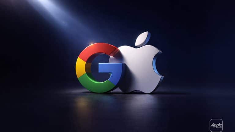 The Google logo and Apple logo are shown side by side on a dark background, illuminated by a dramatic beam of light—symbolizing the Apple-Google AI connection. A smaller Apple logo appears in the lower right corner.