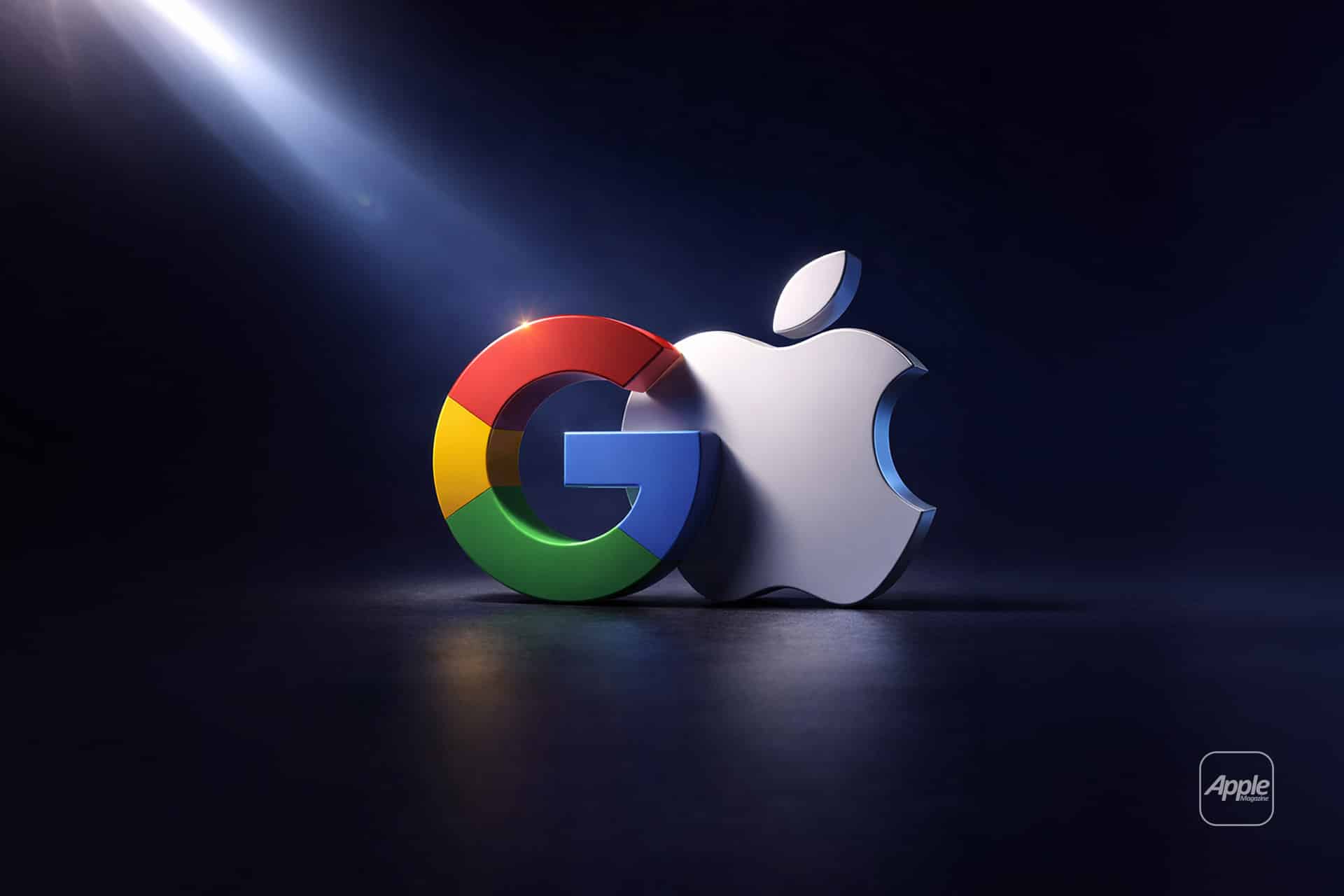 The Google logo and Apple logo are shown side by side on a dark background, illuminated by a dramatic beam of light—symbolizing the Apple-Google AI connection. A smaller Apple logo appears in the lower right corner.