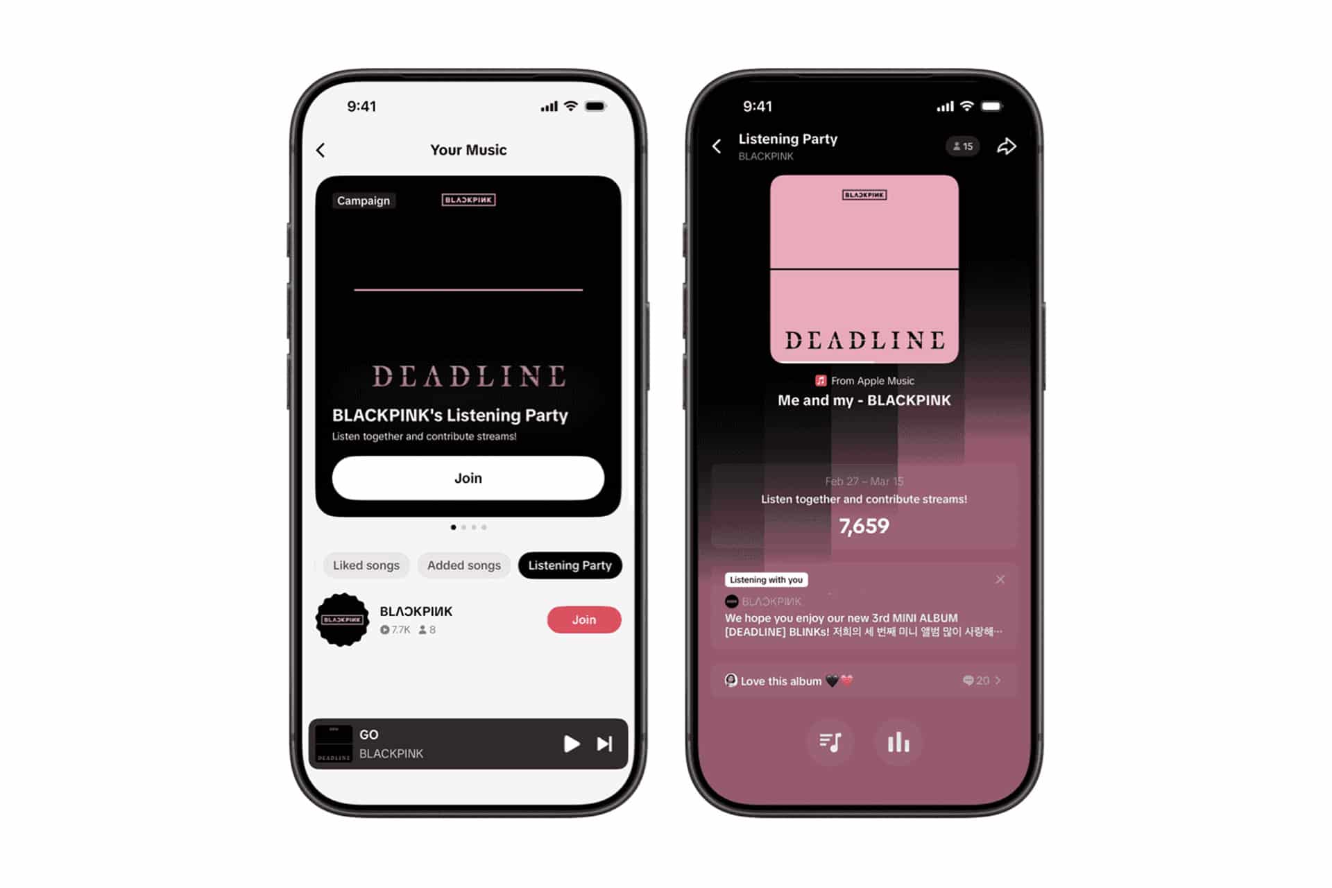 Apple Music TikTok - Two smartphones display a music app featuring BLACKPINK’s listening party for "Deadline," with options to join the party, play music, chat, and view listener count—similar to social experiences on Apple Music and TikTok.