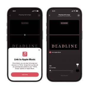 Apple Music TikTok - Two iPhones display the “Playing full songs” screen in an app. The left shows a prompt to link Apple Music, while the right has “Deadline” by BLACKPINK playing from Apple Music, highlighting music integration similar to TikTok features.
