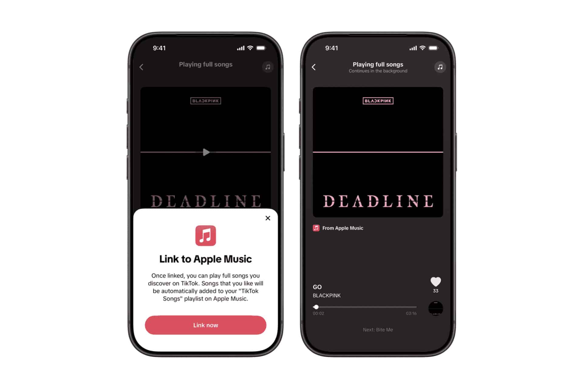 Apple Music TikTok - Two iPhones display the “Playing full songs” screen in an app. The left shows a prompt to link Apple Music, while the right has “Deadline” by BLACKPINK playing from Apple Music, highlighting music integration similar to TikTok features.
