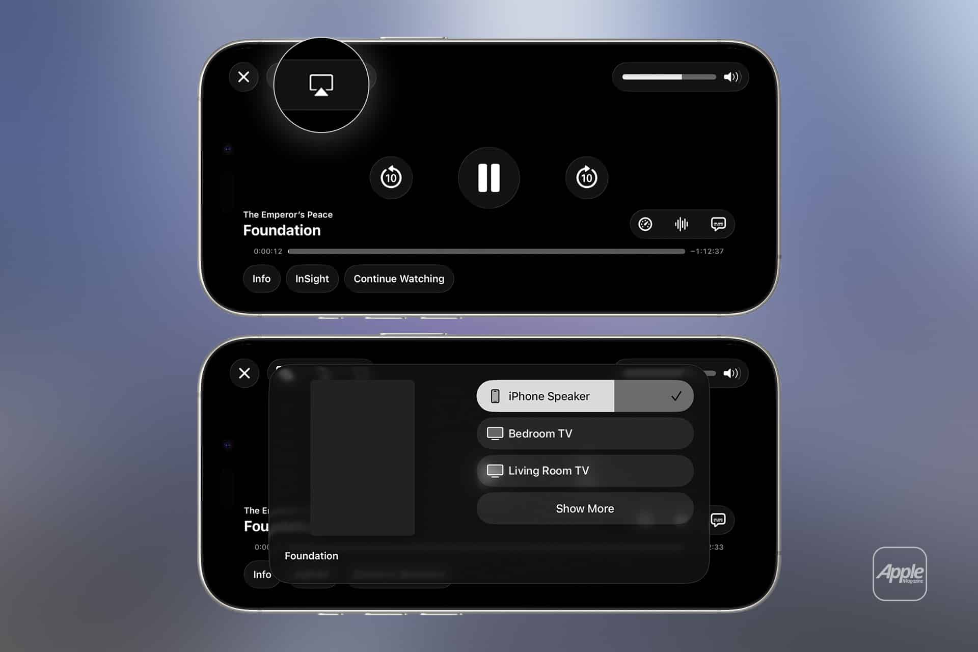 Two iPhones show a streaming interface with media controls. The top screen displays playback options; the bottom shows a list of devices for AirPlay, including iPhone Speaker, TVs, and Apple TV audio sync, with an Apple logo in the corner.