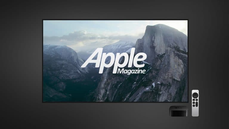 A flat-screen TV displays a mountain landscape with the text "Apple Magazine," resembling Apple TV screensavers. Next to the TV are an Apple TV device and a remote, all set against a dark gradient background.