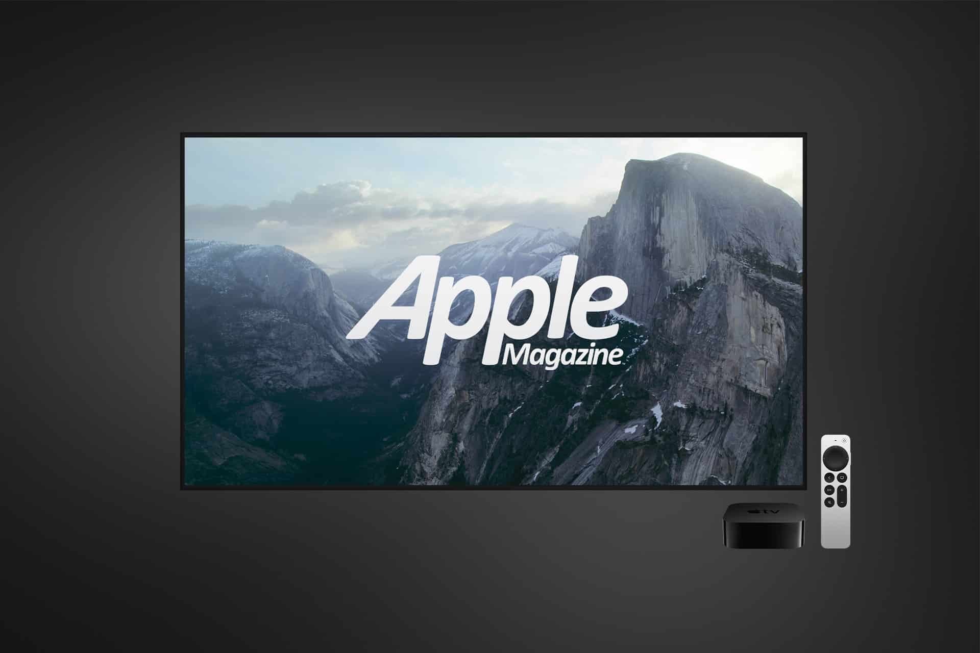 A flat-screen TV displays a mountain landscape with the text "Apple Magazine," resembling Apple TV screensavers. Next to the TV are an Apple TV device and a remote, all set against a dark gradient background.