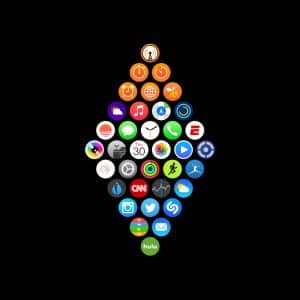 A diamond-shaped arrangement of colorful app icons mimics the Apple Watch App Layout, set against a black background with a small Apple logo and text in the lower right corner.