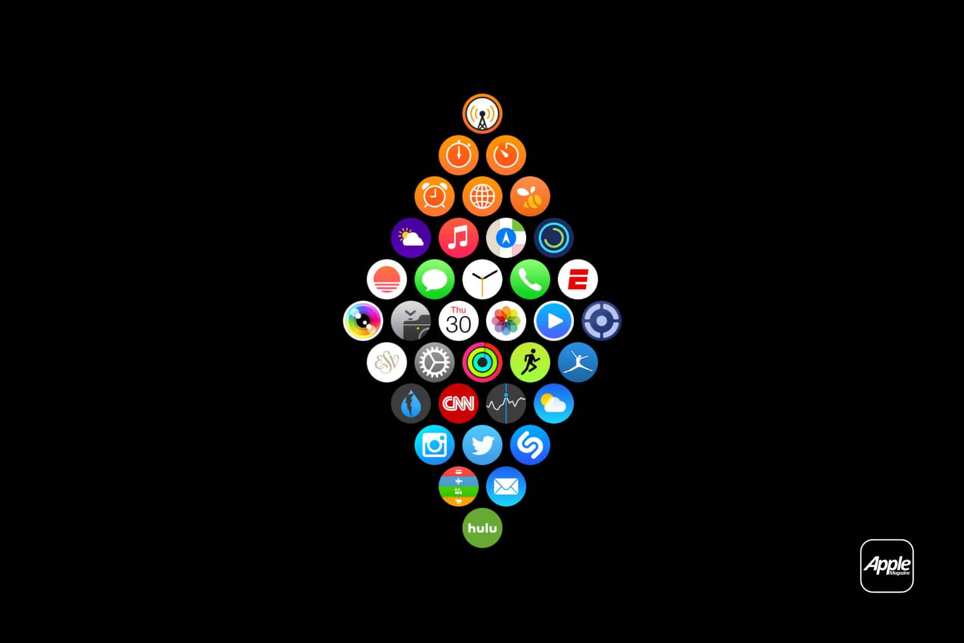 A diamond-shaped arrangement of colorful app icons mimics the Apple Watch App Layout, set against a black background with a small Apple logo and text in the lower right corner.