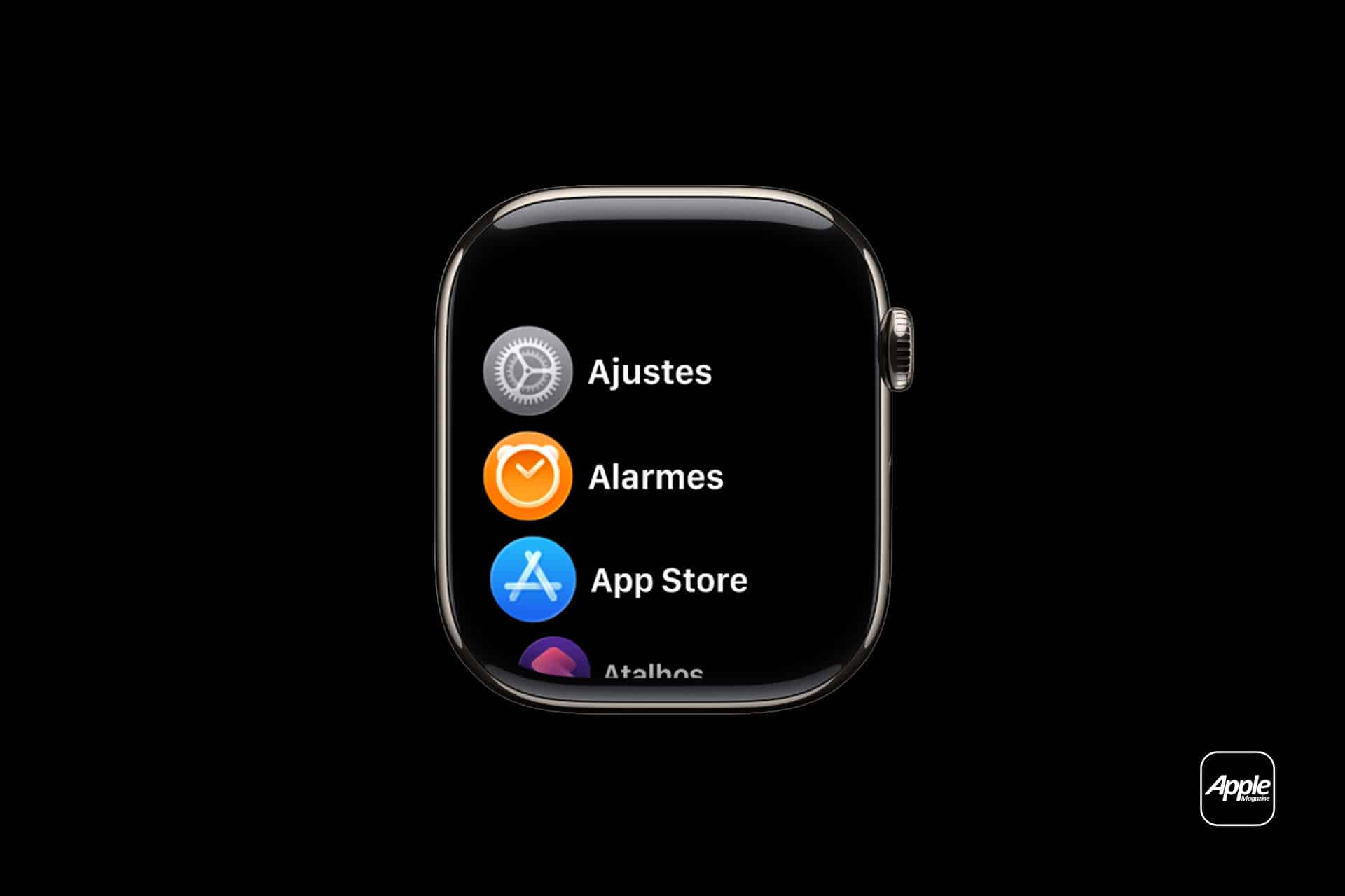 A close-up of an Apple Watch screen showcases the Apple Watch App Layout, displaying menu options in Spanish like Ajustes, Alarmes, and App Store on a black background with a small Apple logo in the corner.
