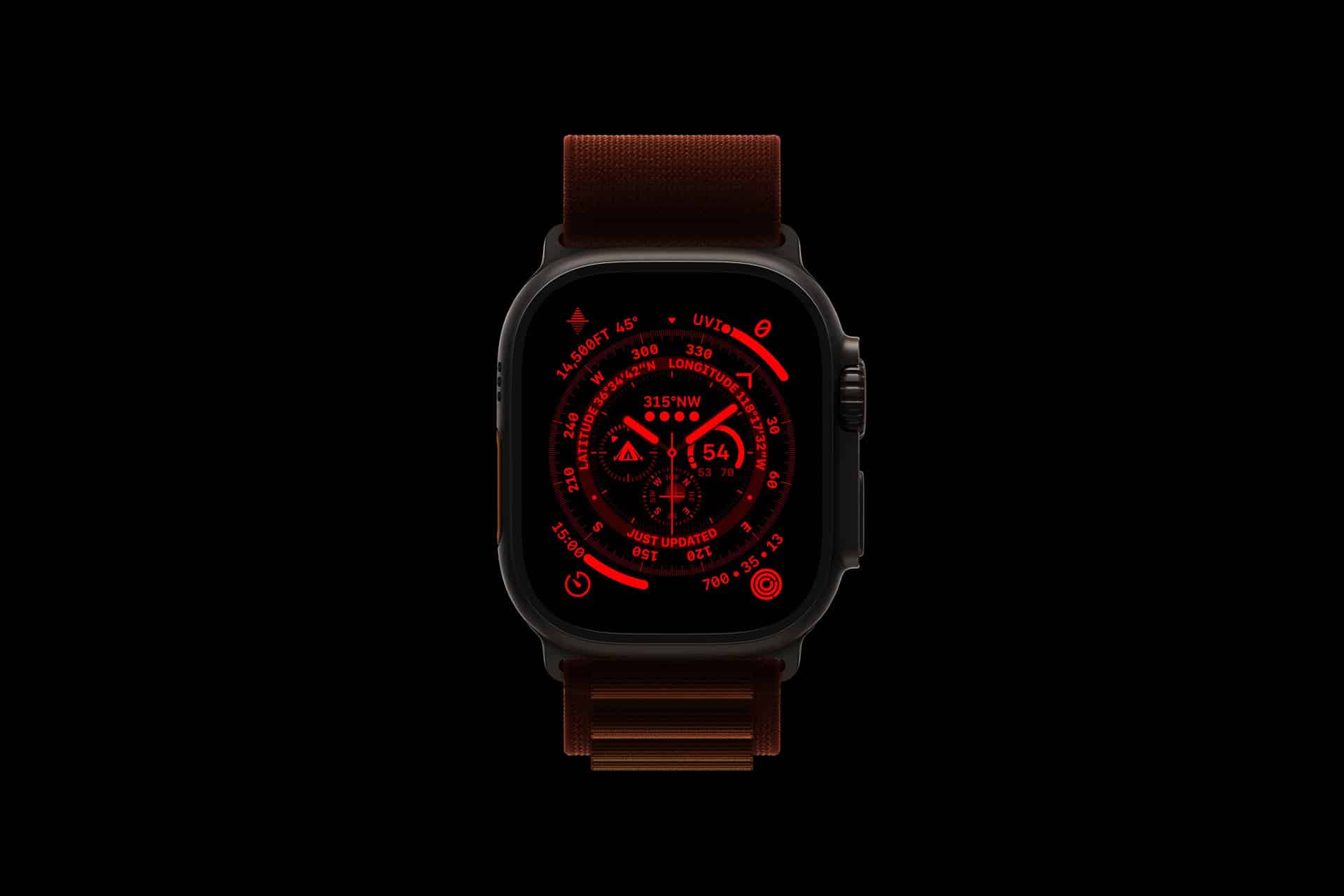 A smart watch with a dark case and brown band displays a red digital interface featuring various circular dials and numbers, all set against a black background—reminiscent of the Apple Watch Night Mode for low-light visibility.