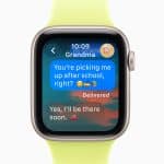 An Apple Watch screen displays Apple Watch Notifications from "Grandma." A child asks, "You’re picking me up after school, right?" with emojis. Grandma replies, "Yes, I’ll be there soon," using a car emoji. The watch band is yellow-green.