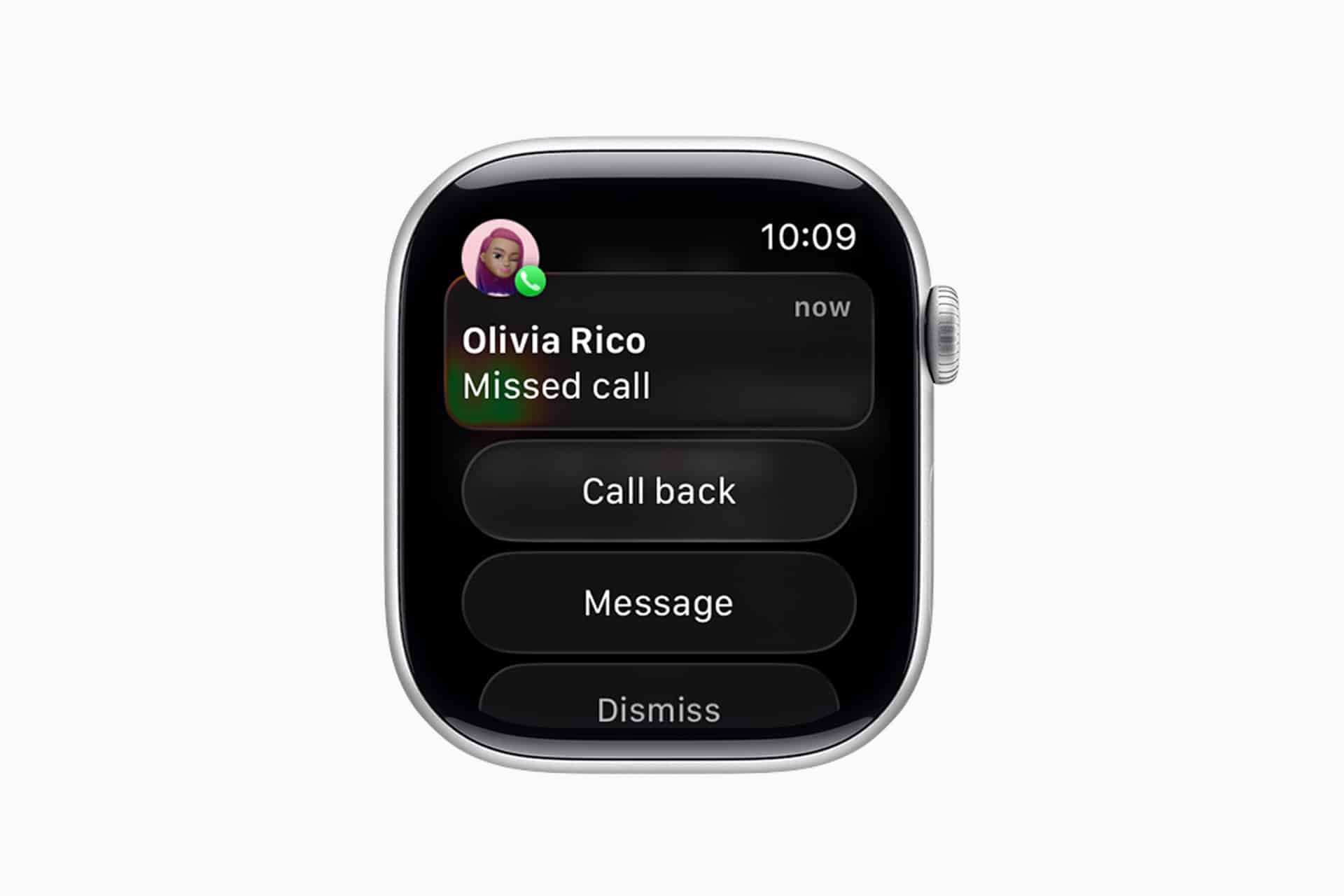 An Apple Watch Notifications screen displays a missed call from Olivia Rico, offering options to call back, message, or dismiss. The time in the top right corner shows 10:09.