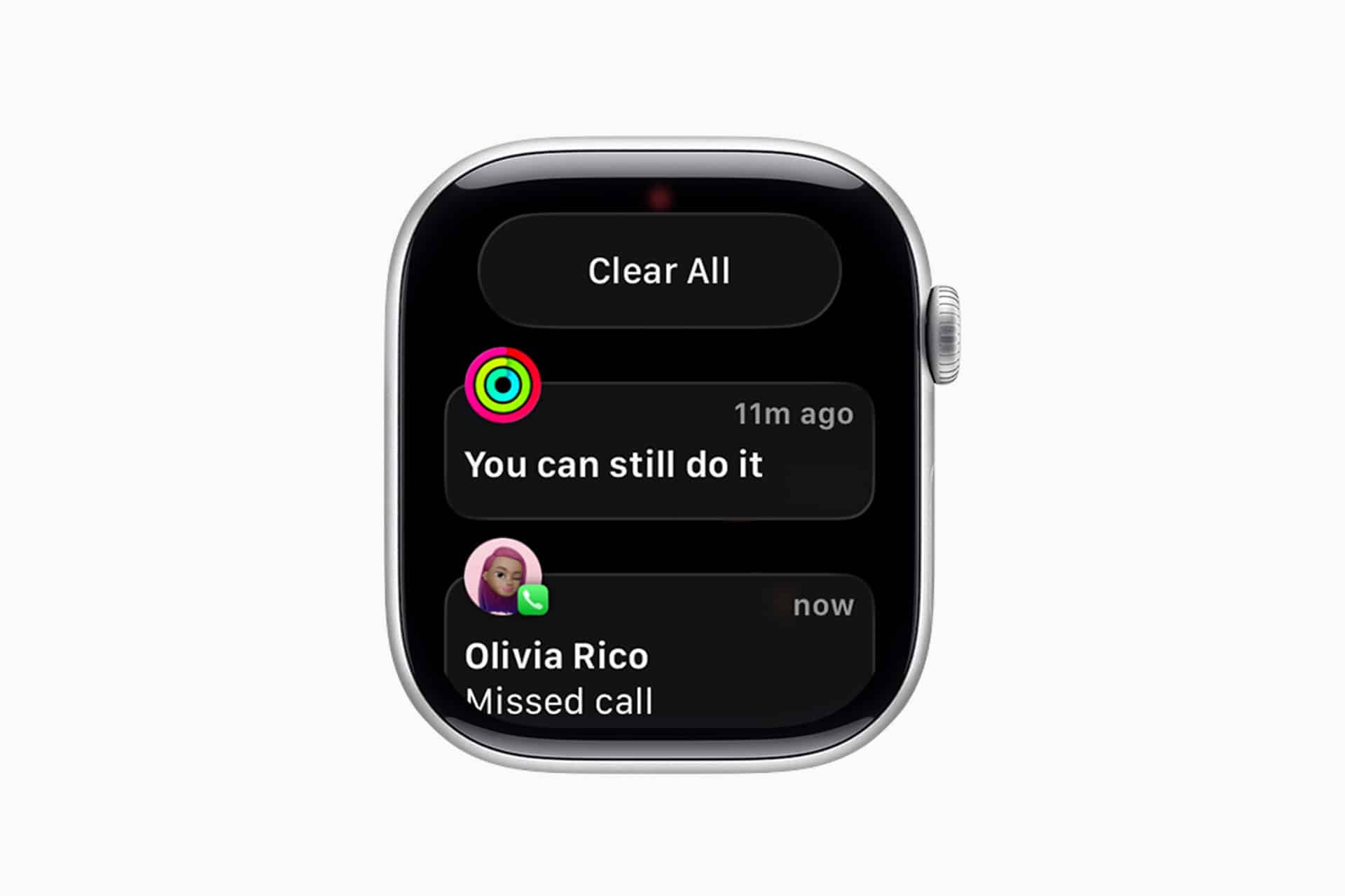 An Apple Watch Notifications screen displays messages: an encouraging "You can still do it" from the Activity app and a missed call alert from Olivia Rico.