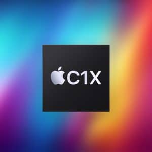 A black square featuring the Apple logo and "C1X" in white text, centered on a vibrant, blurred background of blue, purple, pink, red, and yellow hues—perfect for showcasing the Apple C1X chip.