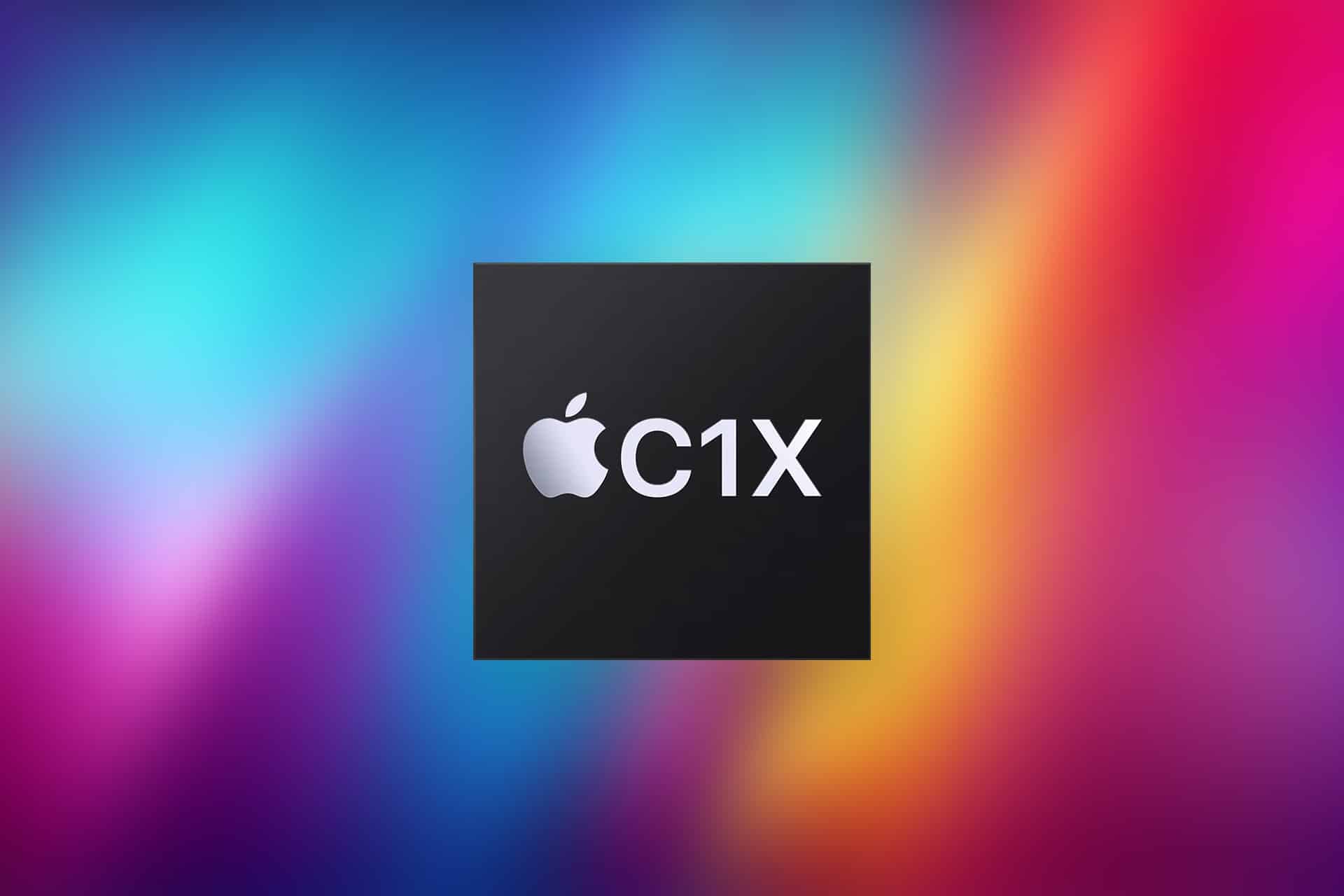 A black square featuring the Apple logo and "C1X" in white text, centered on a vibrant, blurred background of blue, purple, pink, red, and yellow hues—perfect for showcasing the Apple C1X chip.