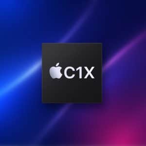 A black square C1X chip with the Apple logo and "C1X" text is centered on a blue and pink gradient background. An Apple logo appears in the lower right corner.