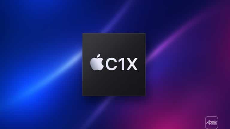 A black square C1X chip with the Apple logo and "C1X" text is centered on a blue and pink gradient background. An Apple logo appears in the lower right corner.