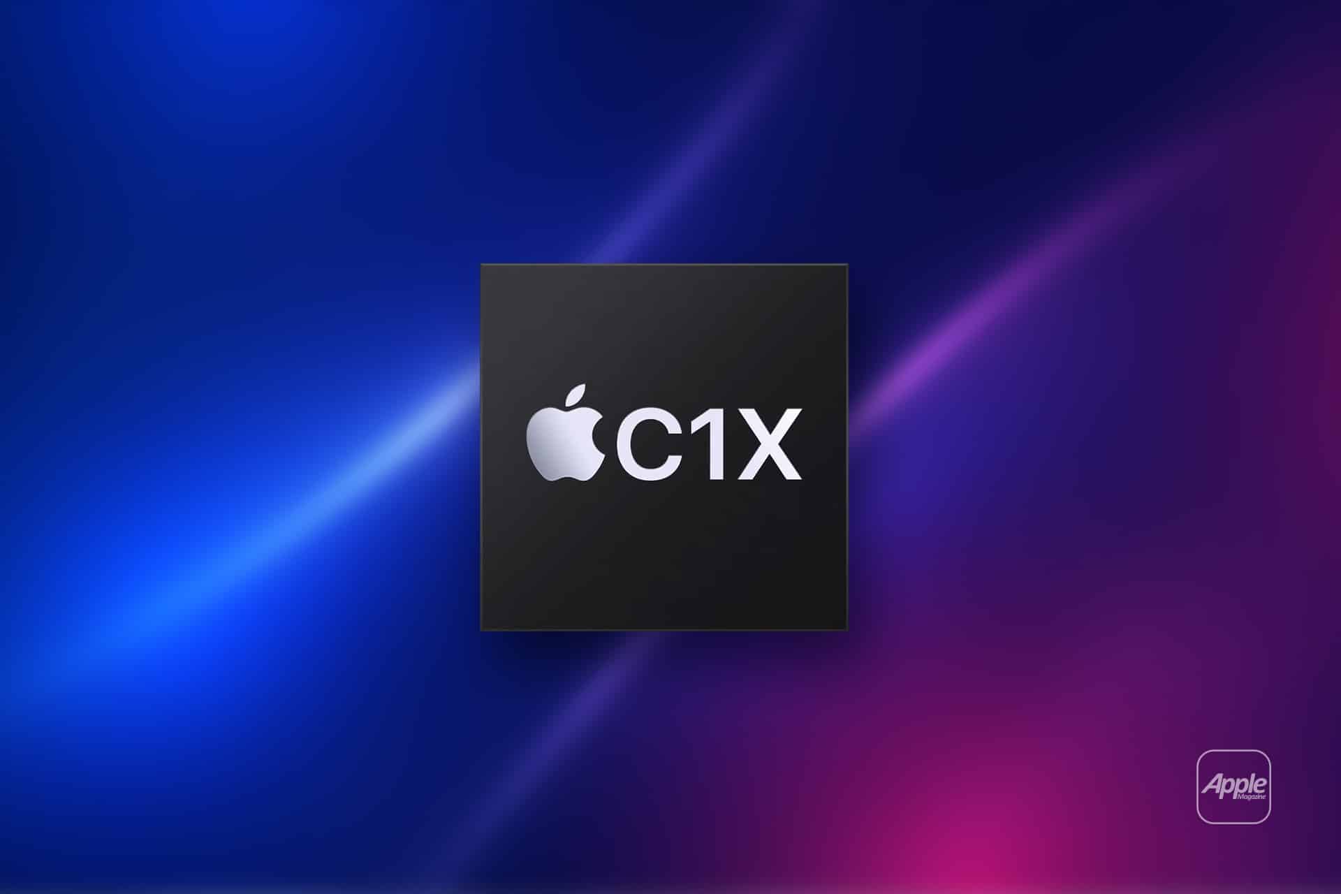 A black square C1X chip with the Apple logo and "C1X" text is centered on a blue and pink gradient background. An Apple logo appears in the lower right corner.