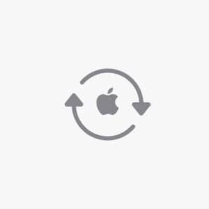 A gray Apple logo is centered between two curved arrows forming a circle, suggesting synchronization or refresh—perfectly capturing the renewed quality of a Refurbished MacBook. The background is white with a faint Apple logo and text in the bottom right corner.