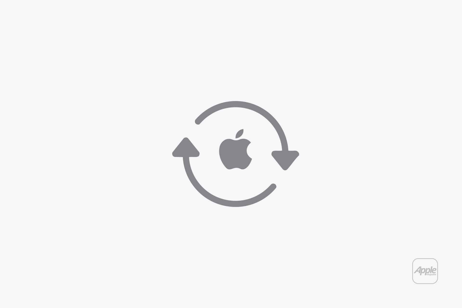 A gray Apple logo is centered between two curved arrows forming a circle, suggesting synchronization or refresh—perfectly capturing the renewed quality of a Refurbished MacBook. The background is white with a faint Apple logo and text in the bottom right corner.